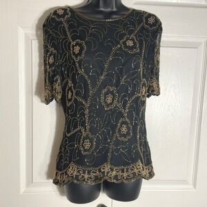 Vintage Stenay Black Beaded Silk Shirt Women Large Short Sleeve 80s Evening Top